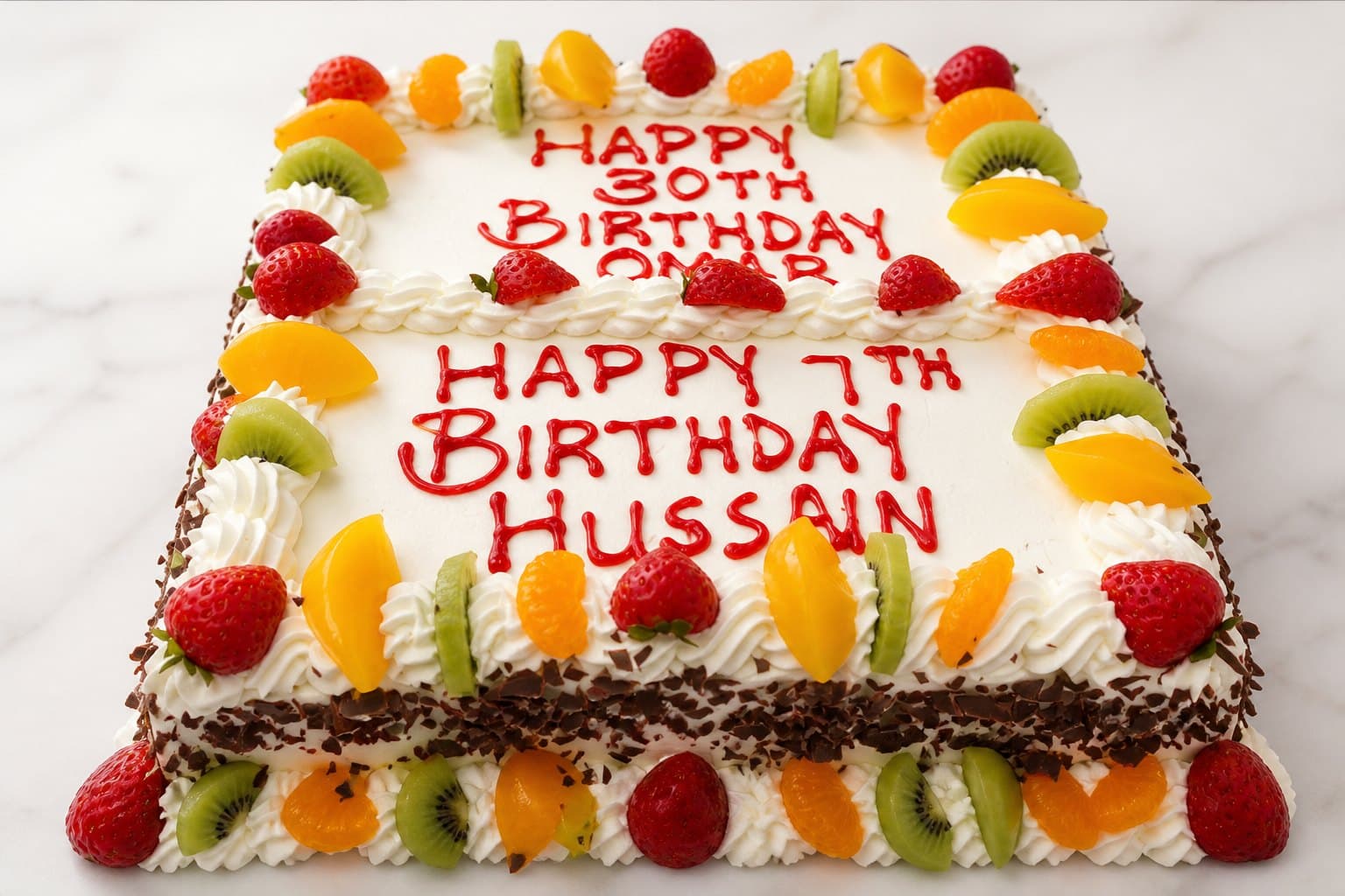 Fresh cream fruit sheet cake with chocolate shavings and seasonal fruit