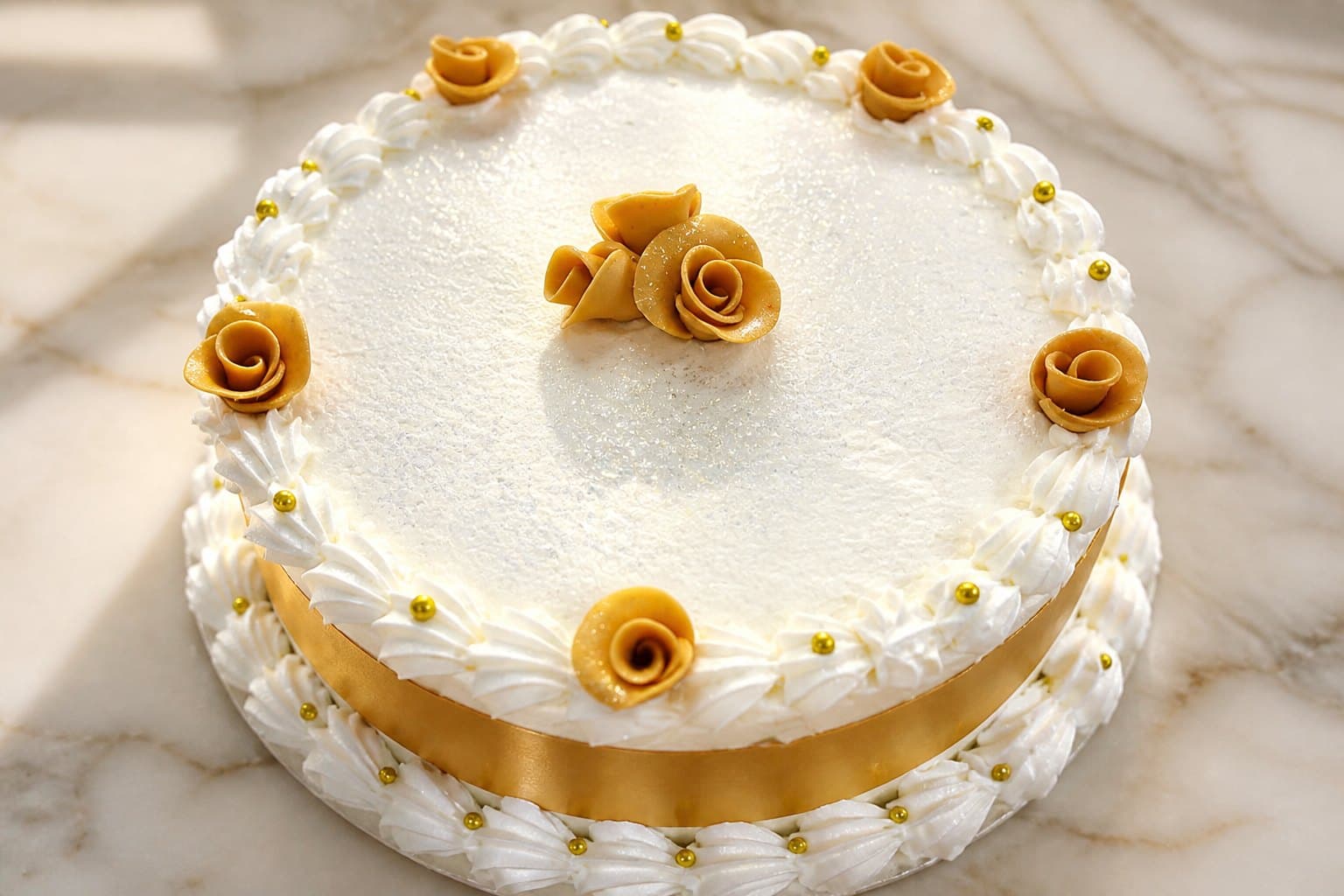 Round white cake decorated with gold roses and pearl borders