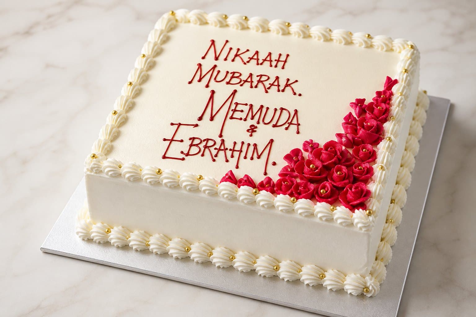 Square white celebration cake with red roses and gold pearl borders