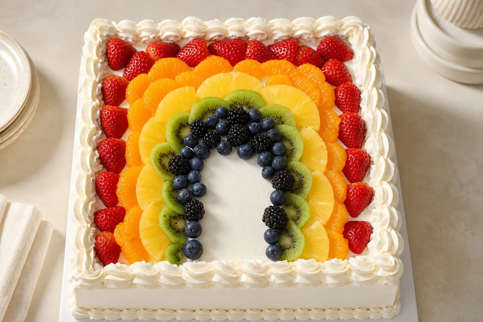 Square fresh cream cake with a rainbow of strawberries, citrus, kiwi and berries