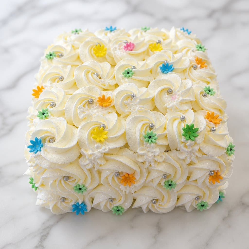 Square rosette cake finished with colourful sugar flowers and silver pearls