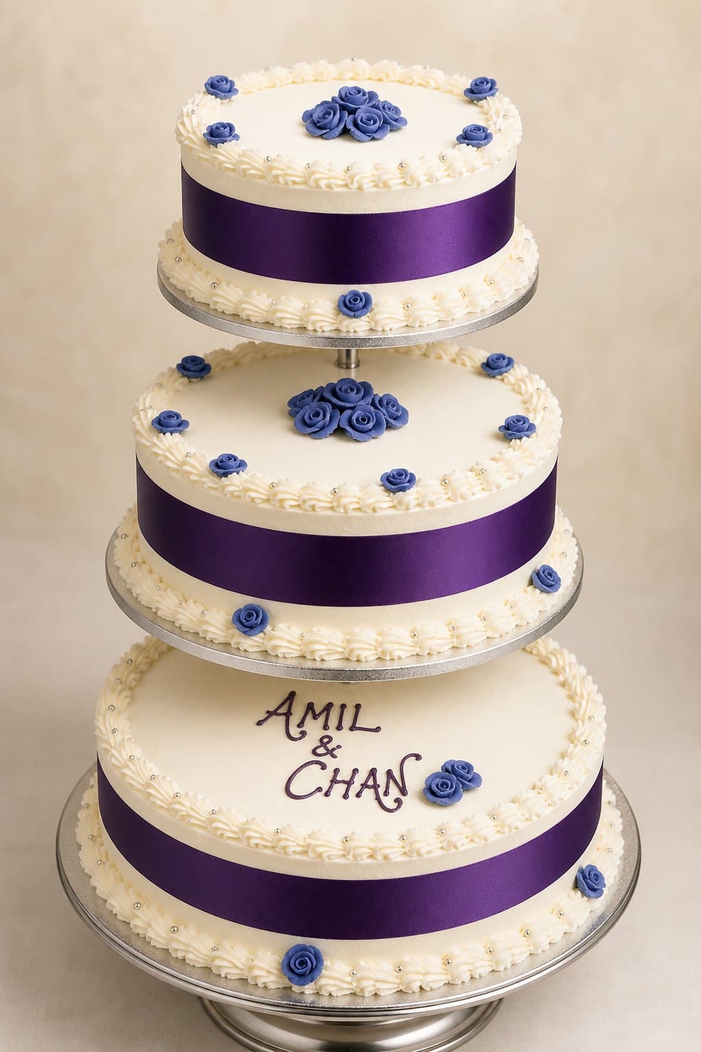 Three-tier wedding cake with purple ribbons and blue buttercream roses