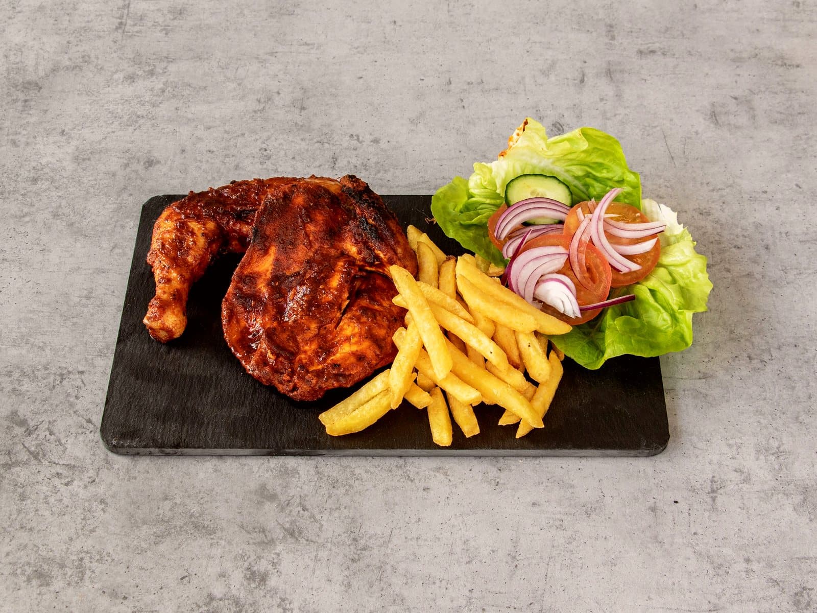 BBQ chicken, chips and salad