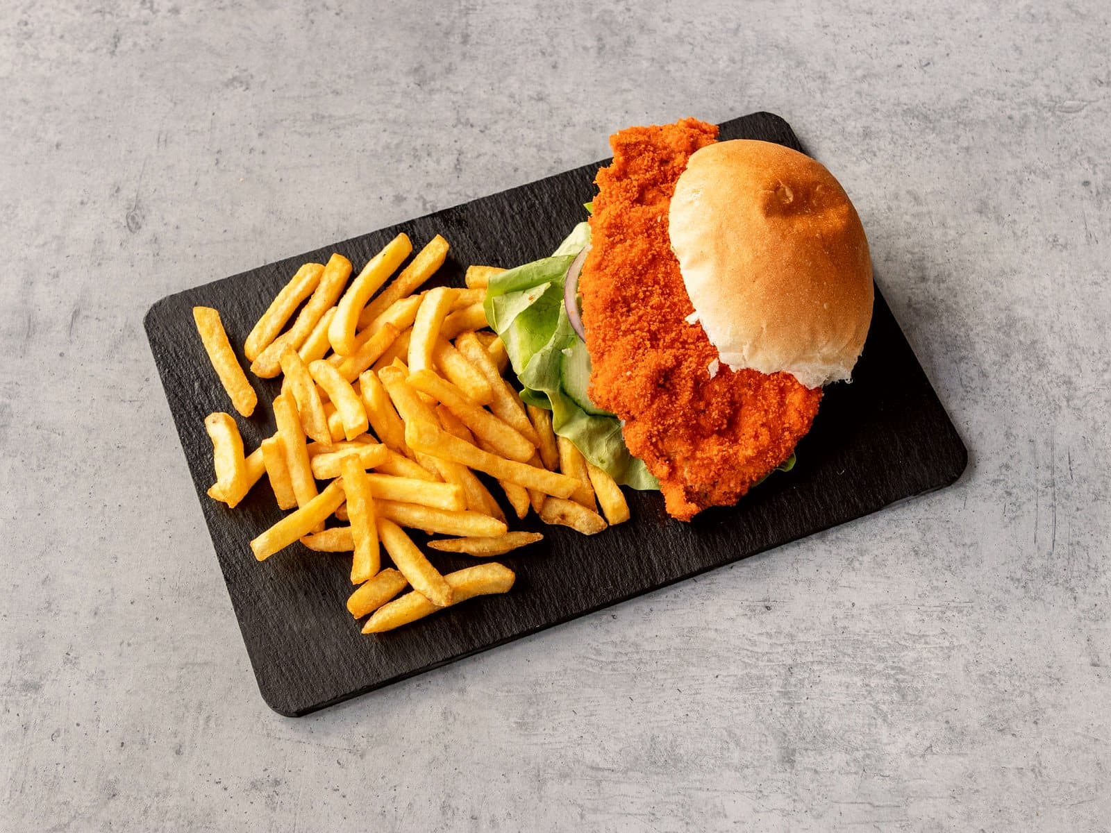 Southern Fried Chicken Burger with fries